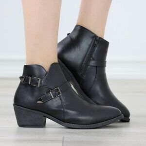 Womens Ankle Boots Low Block Heel Black Synthetic Leather Pointed Toe Buckles